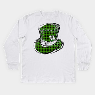 Irish Lucky Clover Leprechaun Hat in Green Plaid Kids Long Sleeve T-Shirt